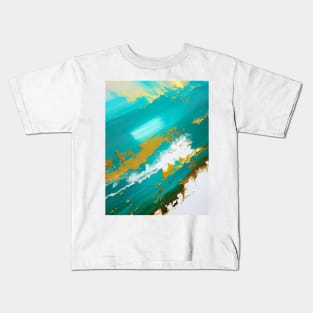 Turquoise Oceans - Abstract brush strokes in gold, blue and white Kids T-Shirt